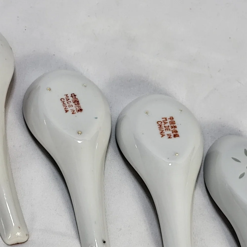 Vintage Chinese Porcelain Soup Spoons Set of 7 Tatung Famille Rose Floral Dragon
